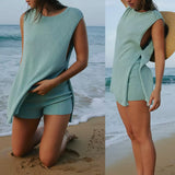 Women's Knitted Set Sleeveless Crew Neck High Slit Pullover Tank Tops with Elastic Waist Skinny Shorts Summer Outfits-Outfit