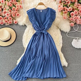 Summer Women Green/Red/Beige Pleated Midi Dress Vintage V-Neck Draped Party Robe Female Elegant Casual Vestidos New Fashion