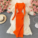 Women Korean Knitted Dress Long Sleeve O Neck Elastic Slim Pencil Dress Autumn Winter Sexy Bodycon Split Sweater