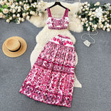 Blue And White Porcelain Printing Set Women's Summer Pure Desire To Bare Belt Slings Small Vest + High Waist Mid-Long