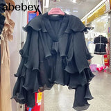 Striped Patchwork Ruffle Blouse For Women V Neck Long Sleeve Elegant Shirt Female Fashion Clothing