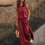 2025 Summer Women's Fashion Trend Retro Round-Neck Sleeveless Forked Solid Color Two-Piece