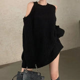 Women Halter Solid Thick Knitted Tops Splice Full Sleeve Mid Length Pullovers Regular Hollow Out Loose Sweaters Autumn Winter-Outfit