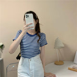 Summer Round Collar Thin Striped Ice Knitted Jersey Short-Sleeved T-Shirt Blouse