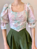Cute Square Neck Puff Sleeve Short Blouse Woman 2023 Spring Summer New Vintage Slim High Waist Fairy Crop Top