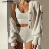 Set Shaggy Korea Style White Cardigan Furry Single-breasted Button Tank Top Knitted Sweater Jumper 1 Set-Outfit