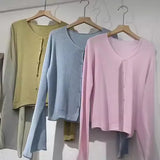 Spring And Autumn New Korean Simple Knitted Cardigan Omnipotent Solid Color V-Neck Long-Sleeved Blouse-Outfit