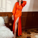 Spring Dress For Women V Neck Lantern Sleeve High Waist Solid Minimalist Midi Dresses Female Fashion Clothing