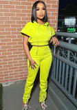 Sports Hooded Short Sleeves High Waist Solid Lace Up Two Piece Pants