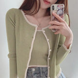 Winter and Autumn Sweet Contrast Short Knit Cardigan Two-piece Sets Design Single-breasted Long Sleeve Sweater