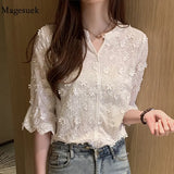 2021 Summer Stereoscopic Embroidered Blouse Woman Fashion Lady's Shirt White Pure Cotton Floral Short Sleeve Shirt