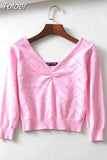 vintage V-neck folds pink peach heart hollow knit sweaters slim thin 3/4 sleeve short crop tops pullover jumpers for