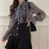 New Ruffles Chiffon Blouse Summer Office Lady Sweet Bow Tops 2021 Elegant Mesh Casual Long Sleeve Shirt Blusas
