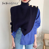 Korean Patchwork Print Striped Sweater For Women Turtleneck Long Sleeve Casual Sweaters Female Fashion New