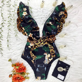 New Print Swimwear Deep V-Neck Ruffle Swimsuit Push Up One Piece Swimsuit Beach Wear Backless