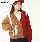 Women Knit Cardigan 2022 Winter Long Sleeve V Neck Loose Sweaters with Button Rabbit Embroidery Warm Casual Chic