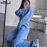 Winter Streetwear Two 2 Piece Set Sweatsuits For Tracksuit Women Long Sleeve Hooded Top Baggy Blue Pants Matching