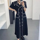 Solid Belt Dress Women Spring Autumn Notched Long Sleeve Office Ladies Blazer Dress Female Long A-Line Black Dress-Outfit