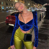 Velvet Square Collar Womens Tops and Blouses Fashion Blue Shirts Blouse Cropped Top Elegant Club