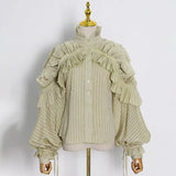 Striped Patchwork Ruffle Blouse For Women Stand Collar Long Sleeve Elegant Shirt Female Fashion Clothing
