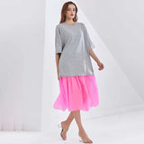 Casual Two Tone Dress For Women Round Neck Short Sleeve Loose Long Dresses Female Fashion New Clothing 2022