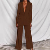Autumn Solid Women Jacket Breasted Pant Sets Two Piece Suit Wide Leg Pants Ladies Blazer Suits Elegant Normal Clothing-Outfit