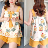 Sets Womens Summer Bow Printed Shaghetti Straps Loose Plus Size M-5XL Students Casual Sleepwear Elasticity Home