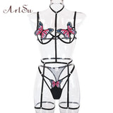 Butterfly Embroidery3 Pieces Lace Bra And Panty Set Women Bra Underwire Intimate Lingerie Set Rave Party Outfit Beach