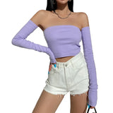 Crop Tops T-shirts, Solid Color Boat Neck Off Shoulder Sexy Tops Pullover with Long Sleeves for Summer Club Wear-Outfit