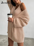 V Neck Long Sleeve Knitted Sweater Women Cardigan 2021 Winter Sexy Tank Top And Button Oversize Sweaters 2 Piece