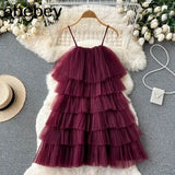 Women Retro Ruffles Pink/Green Strap Dress Mesh Spliced Wood ears Hem Cake Mini Party Dresses Robe Vestido