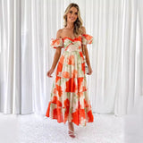 Spring Summer New Temperament Printing Bubble Sleeve High-End Dress