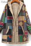 Fashion Winter Vintage Women Coat Warm Printed Thick Fleece Hooded Long Jacket Ladies Outwear Loose OverCoat