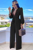 Elegant Black Button Up Puff Sleeve Turndown Collar Loose Jumpsuit With
