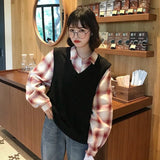 Deeptown Korean Style Plaid Patchwork Hoodie Women Kawaii Long Sleeve Pullover 2021 Casual Polo Uniform School Clothes Kpop