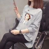 Striped Patchwork Split Shirt Korean Loose Spring Autumn Long Sleeve Female Clothing Casual Printed Round Neck