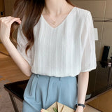 Women Blouse Tops Short Sleeve V-Neck Chiffon Blouse Shirt Blouse Women Blusas Mujer De Moda 2021 Blouses Top Femme