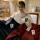 Women Loose Tops Slouchy Style WinterWarm Sweatshirts V-Neck Long Sleeve Pullover Girls Patchwork Clothes Blouse