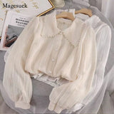 Elegant Lace Blouses Women New 2021 Hollow Out Peter Pan Collar Tops Fashion Office Ladies Long Sleeves Solid Shirt