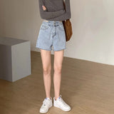 Fashion Women's Denim Shorts High Waisted For Summer Solid Raw Edge Korean Version Casual Hollow Out Wide Leg Jean