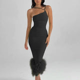 One Shoulder Feather Down Midi Dress For Women Gown Summer New Sleeveless Long Bodycon Clubwear Dress-Outfit