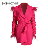 Ruched Blazer Dress For Women Notched Long Sleeve High Waist Lace Up Bowknot Patchwork Tassel Dresses
