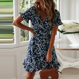 New Women Summer Dress Print Boho Style Chiffon Beach Dress Elegant A Line Sexy V Neck Ruffle Mini Dress