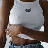 Vest Tank Pure Color Halter Crop Tops Casual Sexy Butterfly Embroidered Short Slim Sleeveless White