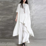 Women Two Piece Sets Pant Set Irregularity Round Neck Short Sleeve Tops Solid Splice Wide Leg Long Pants Casual Loose 2024-Outfit