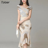 Fashion Women Summer OL Elegant Bodycon Party Set Sexy V-Neck Tops Print Short Sleeve Shirt And Ruffle Skirt Two Piece