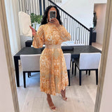 Fashion Pearl Belt Print Folded Lantern Sleeve Sleeve Scash Semi-High Collar