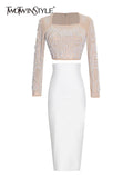 Patchwork Beads Two Piece Sets For Female Square Collar Long Sleeve Cropped Top With High Waist Skirt Women's