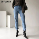Vintage Streetwear Women Denim Blue Jeans Autumn Winter High Waist Loose Trousers Female Straight Leg Jeans