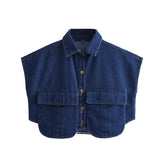 Color Women's Clothing 2025 Spring Solid Color Big Pocket Sleeveless Polo Collared Denim Shirt